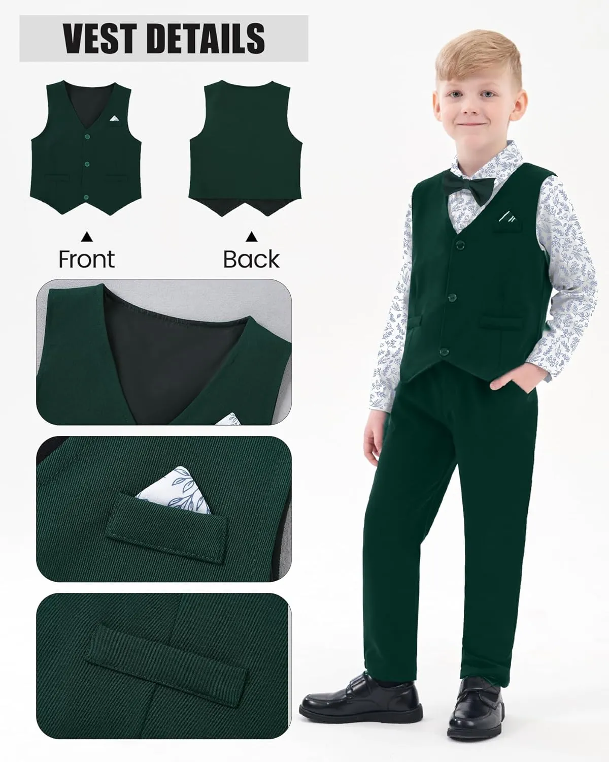 WESIDOM Boy's Formal Suits Set 7 Piece, Size 6-10 Kids Tuxedo Toddler Dress Clothes Blazer Vest Pants with Adjustable Waist