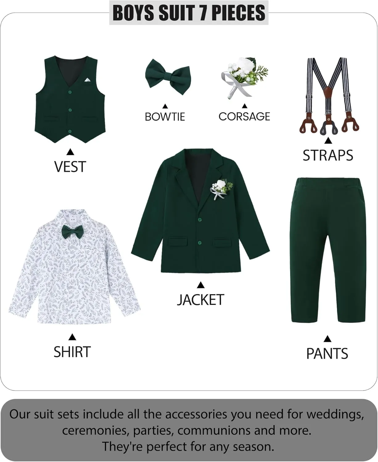 WESIDOM Boy's Formal Suits Set 7 Piece, Size 6-10 Kids Tuxedo Toddler Dress Clothes Blazer Vest Pants with Adjustable Waist