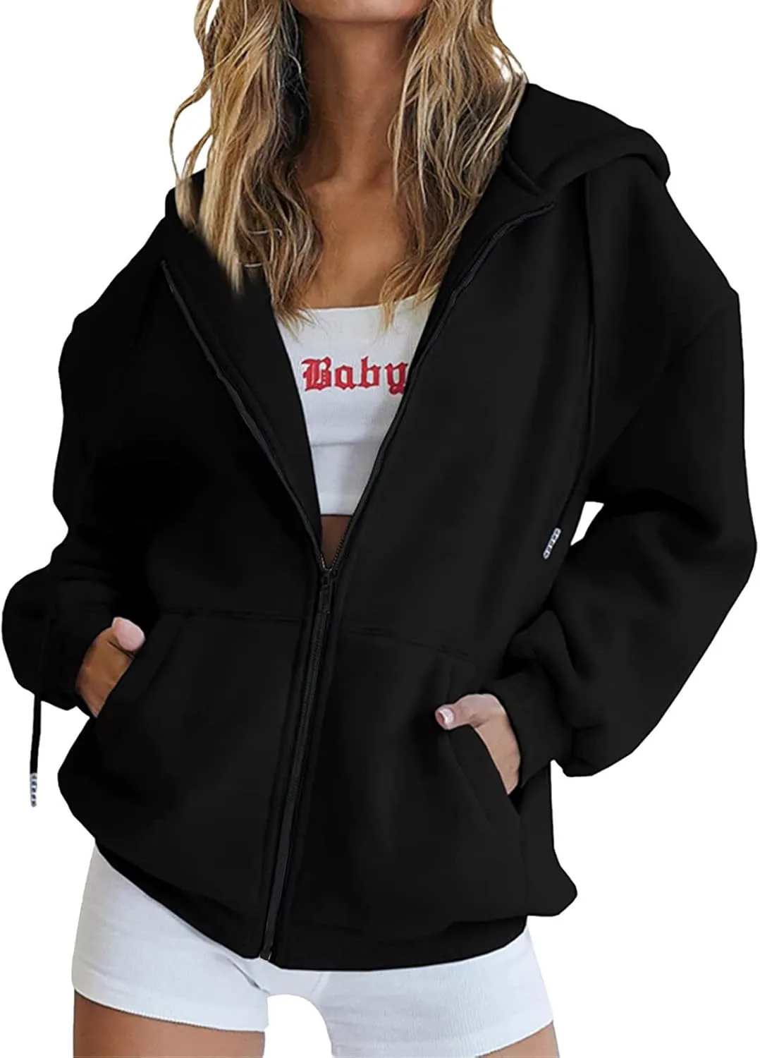 Wirziis Oversized Zip Up Hoodie for Women 2024 Fleece Jacket Fall Outfits Casual Hooded Tops Teen Girls Drawstring Cardigan