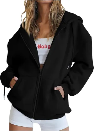 Wirziis Oversized Zip Up Hoodie for Women 2024 Fleece Jacket Fall Outfits Casual Hooded Tops Teen Girls Drawstring Cardigan
