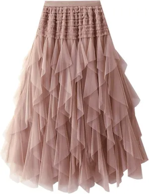 Women High Elastic Waist Mesh Layered Long Fairy Tulle Skirt Irregular Hem Pleated Tutu A-Line Midi Skirts