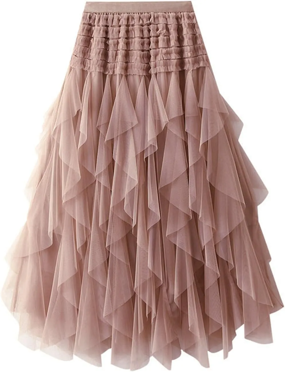 Women High Elastic Waist Mesh Layered Long Fairy Tulle Skirt Irregular Hem Pleated Tutu A-Line Midi Skirts