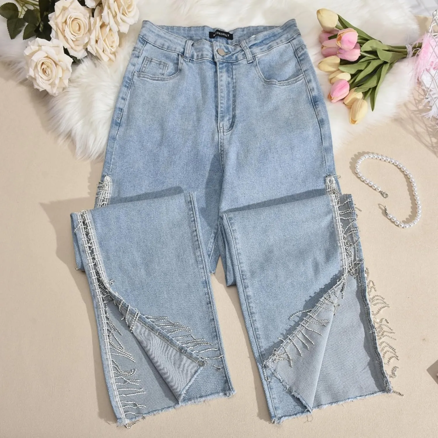 Women High Waisted Jeans Straight Wide Leg Pants with Rhinestone Fringe Trim Split On The Side
