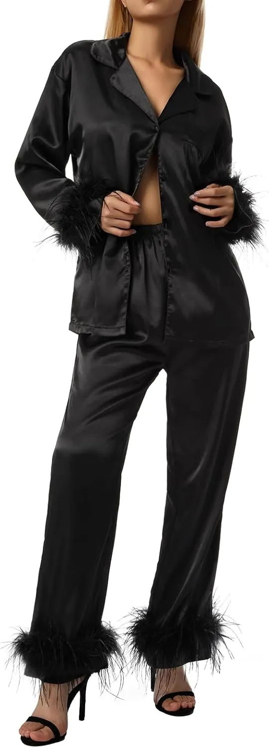 Women Satin Silk Pajamas Set with Fuzzy Feather Trim Solid Long Sleeve Shirt Tops High Waisted Pants Pjs Loungewear