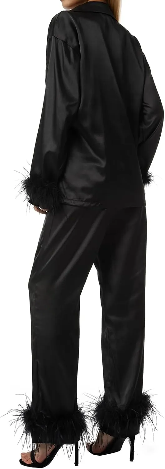 Women Satin Silk Pajamas Set with Fuzzy Feather Trim Solid Long Sleeve Shirt Tops High Waisted Pants Pjs Loungewear