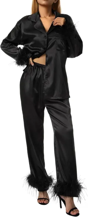 Women Satin Silk Pajamas Set with Fuzzy Feather Trim Solid Long Sleeve Shirt Tops High Waisted Pants Pjs Loungewear