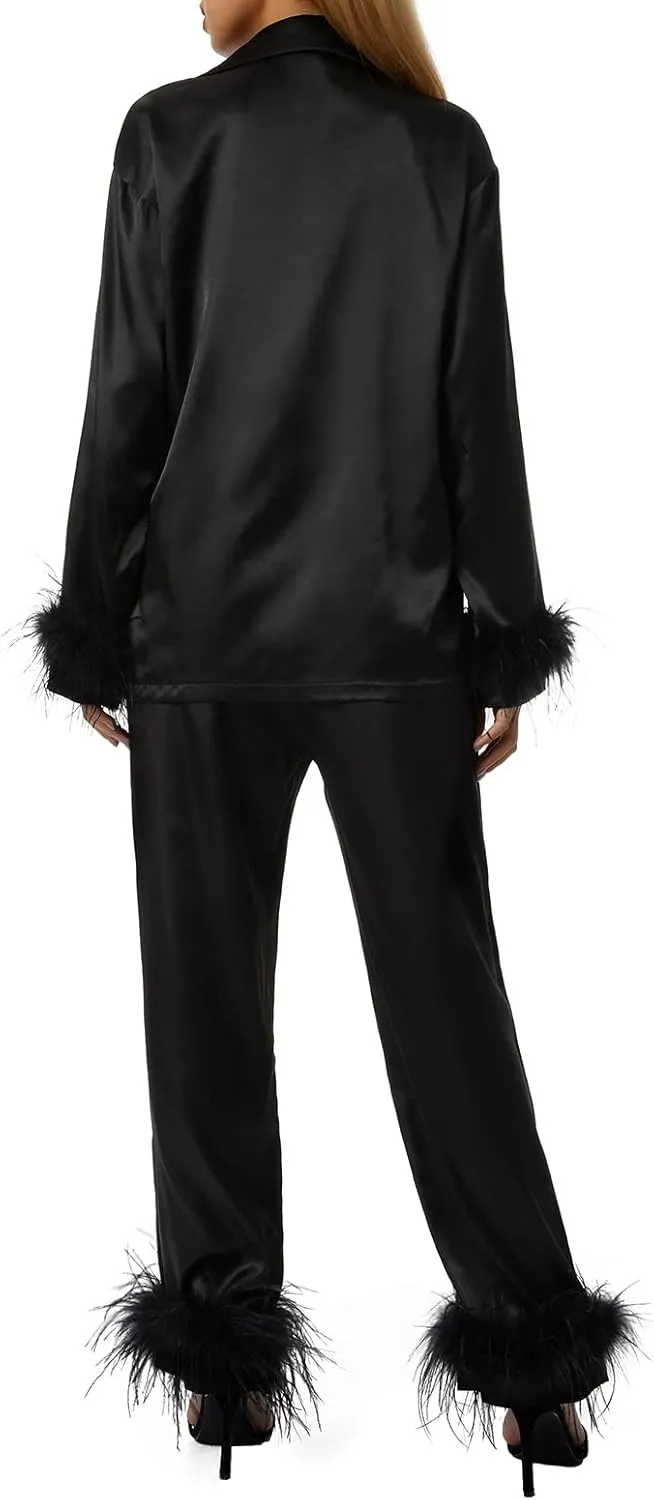 Women Satin Silk Pajamas Set with Fuzzy Feather Trim Solid Long Sleeve Shirt Tops High Waisted Pants Pjs Loungewear