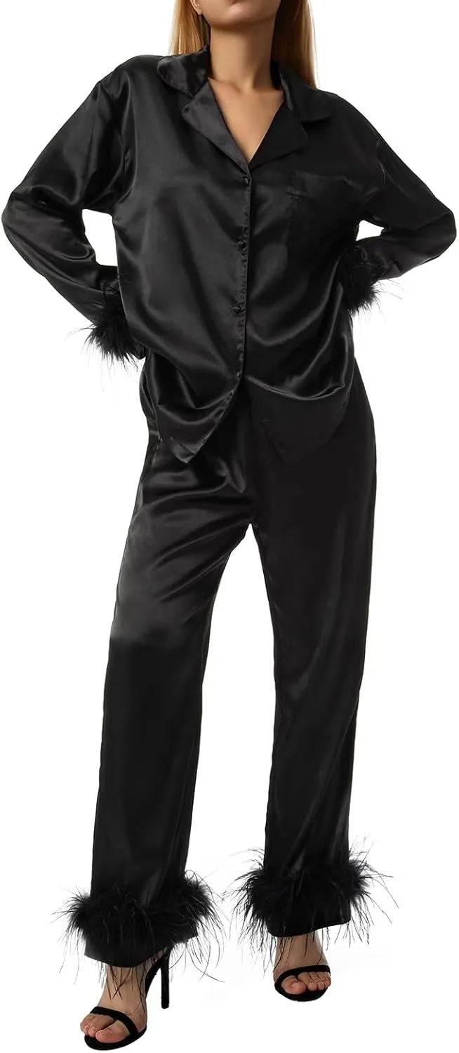 Women Satin Silk Pajamas Set with Fuzzy Feather Trim Solid Long Sleeve Shirt Tops High Waisted Pants Pjs Loungewear