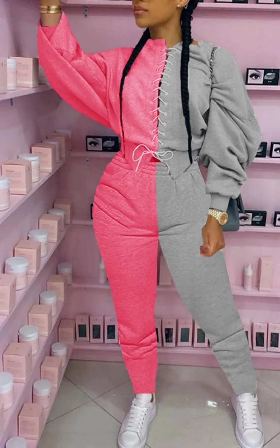 Women Sexy 2 Piece Outfits Long Sleeve Color Block Hoodies Sweatshirt Bodycon Ruched Long Pants Tracksuit Set