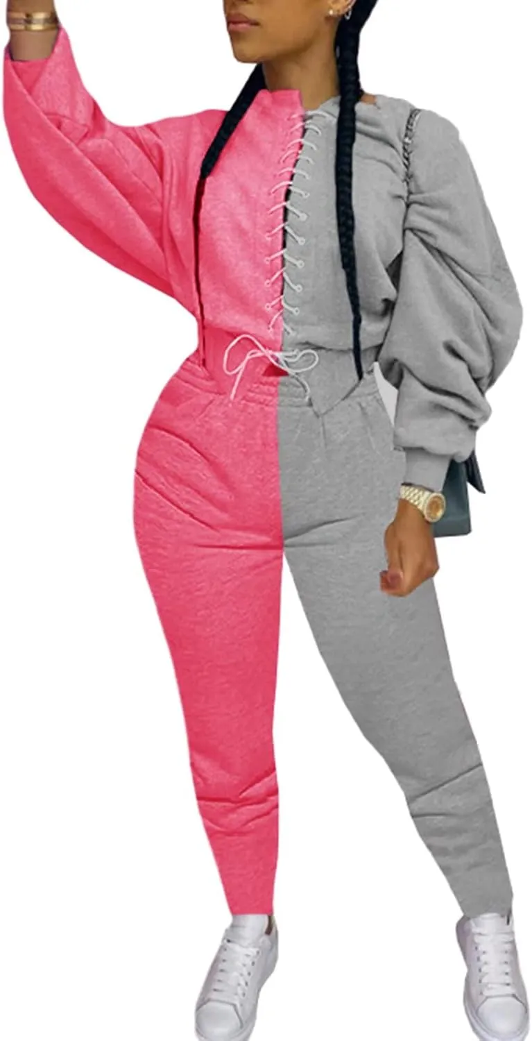 Women Sexy 2 Piece Outfits Long Sleeve Color Block Hoodies Sweatshirt Bodycon Ruched Long Pants Tracksuit Set