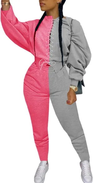 Women Sexy 2 Piece Outfits Long Sleeve Color Block Hoodies Sweatshirt Bodycon Ruched Long Pants Tracksuit Set