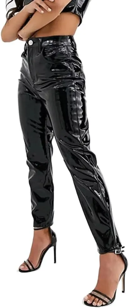 Women Shiny PU Latex Leather PVC Pants Slim Sexy Leggings Stretchy High Waist Bodycon Tight Trousers
