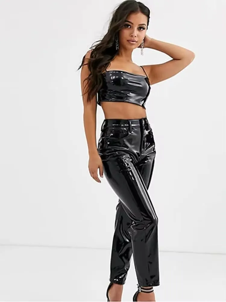 Women Shiny PU Latex Leather PVC Pants Slim Sexy Leggings Stretchy High Waist Bodycon Tight Trousers