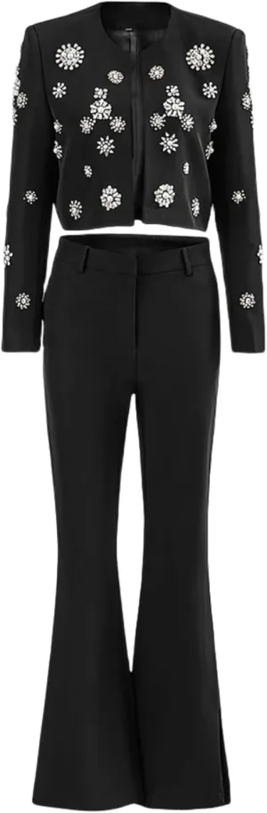 Women's 2 Piece Diamond Pearl Pant Suit Set Slim Fit Luxury Jacket Pants Party Wedding Outfits