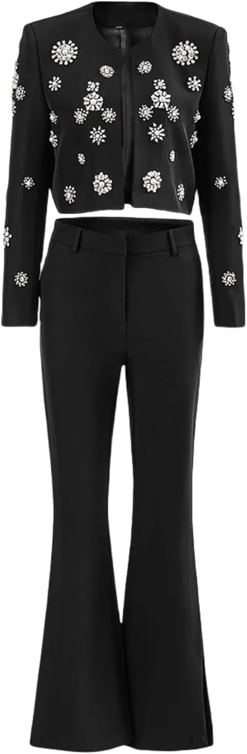 Women's 2 Piece Diamond Pearl Pant Suit Set Slim Fit Luxury Jacket Pants Party Wedding Outfits