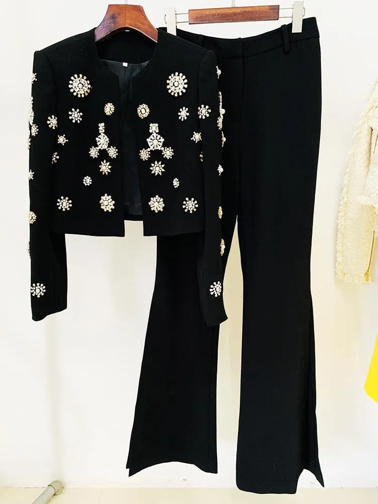 Women's 2 Piece Diamond Pearl Pant Suit Set Slim Fit Luxury Jacket Pants Party Wedding Outfits