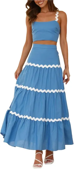 Women's 2 Piece Summer Outfits BoBo Crewneck Tank Tops Dress RIC Rac Split Bodycon Midi Skirt Set Long Dress