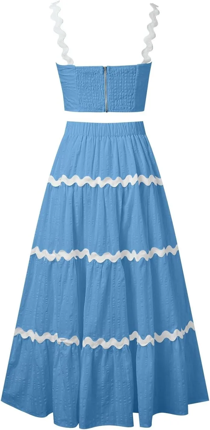 Women's 2 Piece Summer Outfits BoBo Crewneck Tank Tops Dress RIC Rac Split Bodycon Midi Skirt Set Long Dress