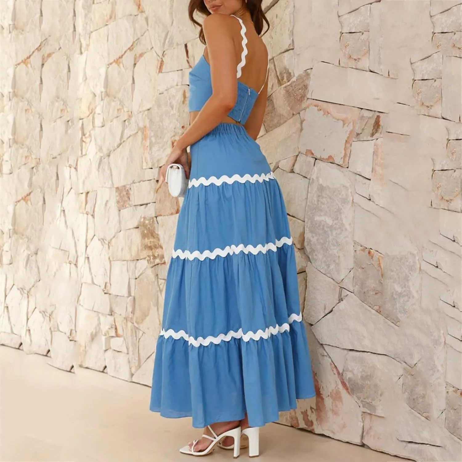 Women's 2 Piece Summer Outfits BoBo Crewneck Tank Tops Dress RIC Rac Split Bodycon Midi Skirt Set Long Dress