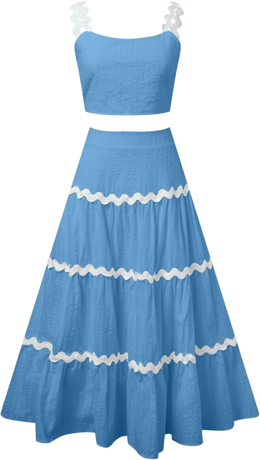 Women's 2 Piece Summer Outfits BoBo Crewneck Tank Tops Dress RIC Rac Split Bodycon Midi Skirt Set Long Dress