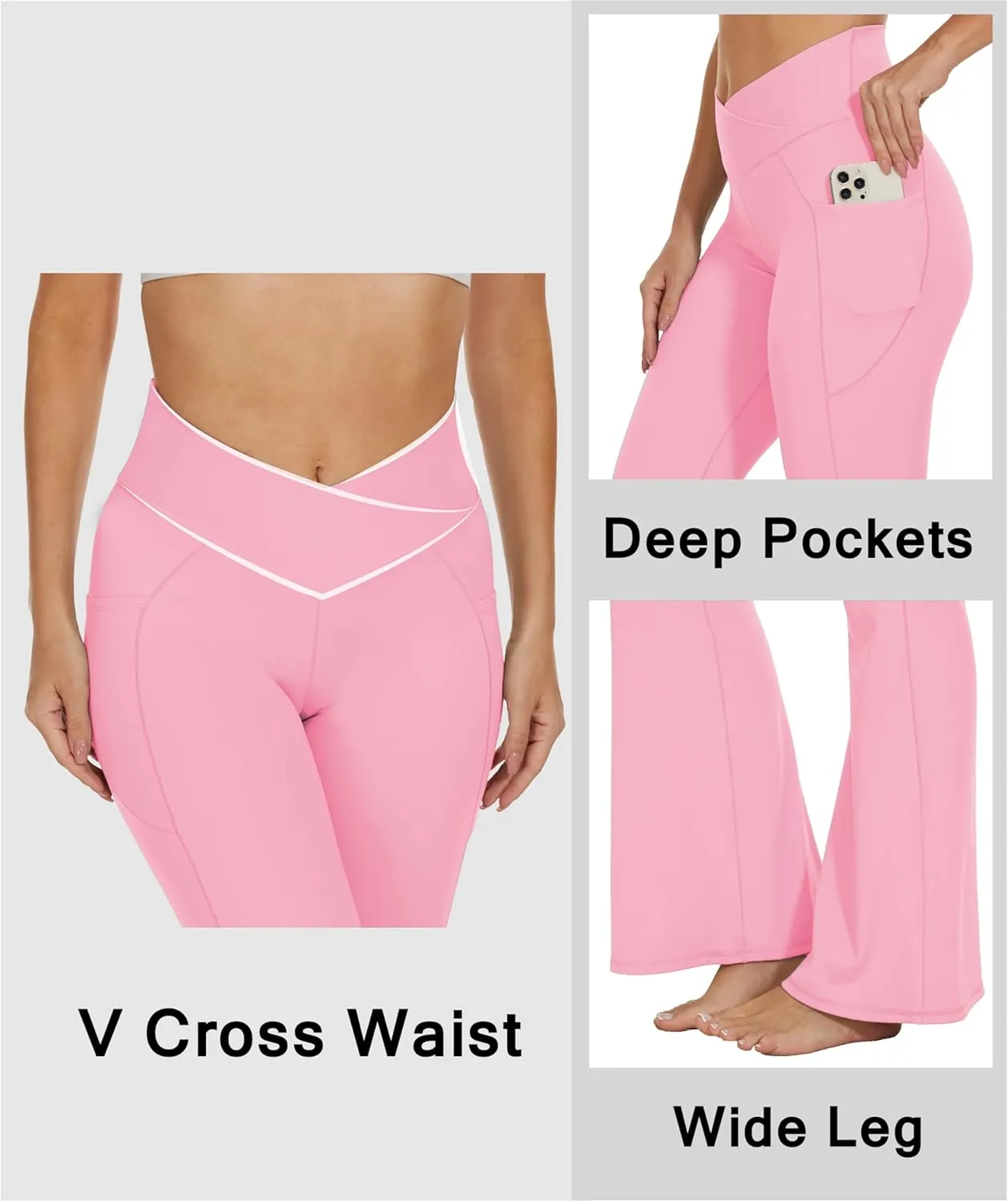 Womens 28"/30"/32"/34" Flare Crossover Leggings with Tummy Control, High Waist Wide Leg Yoga Pants with Pockets