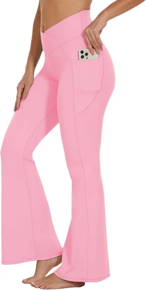 Womens 28"/30"/32"/34" Flare Crossover Leggings with Tummy Control, High Waist Wide Leg Yoga Pants with Pockets