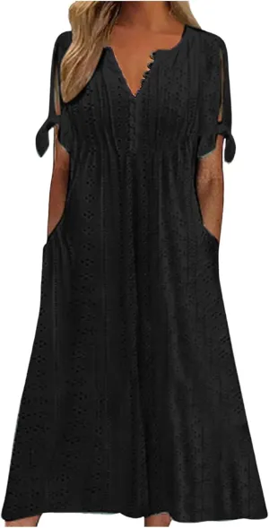 Womens Boho Eyelet Pastel Dress Button V Neck Tie Knot Short Sleeve Flowy Vacation Beach Midi Dresses with Pocket