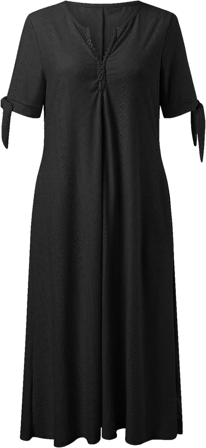 Womens Boho Eyelet Pastel Dress Button V Neck Tie Knot Short Sleeve Flowy Vacation Beach Midi Dresses with Pocket