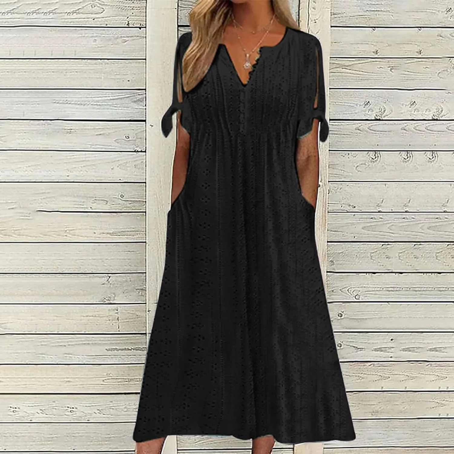 Womens Boho Eyelet Pastel Dress Button V Neck Tie Knot Short Sleeve Flowy Vacation Beach Midi Dresses with Pocket