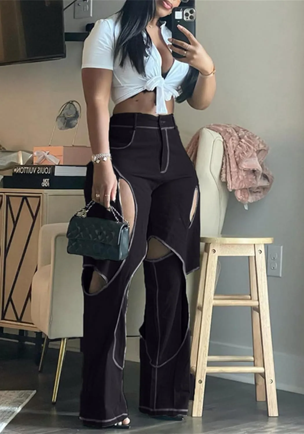 Women's Camo Cargo Pants High Waist Y2K Baggy Cut Out Straight Leg Casual Trousers Streetwear