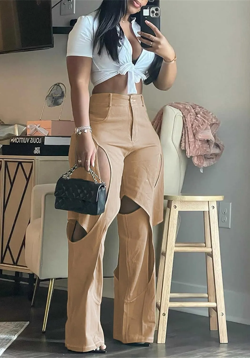 Women's Camo Cargo Pants High Waist Y2K Baggy Cut Out Straight Leg Casual Trousers Streetwear