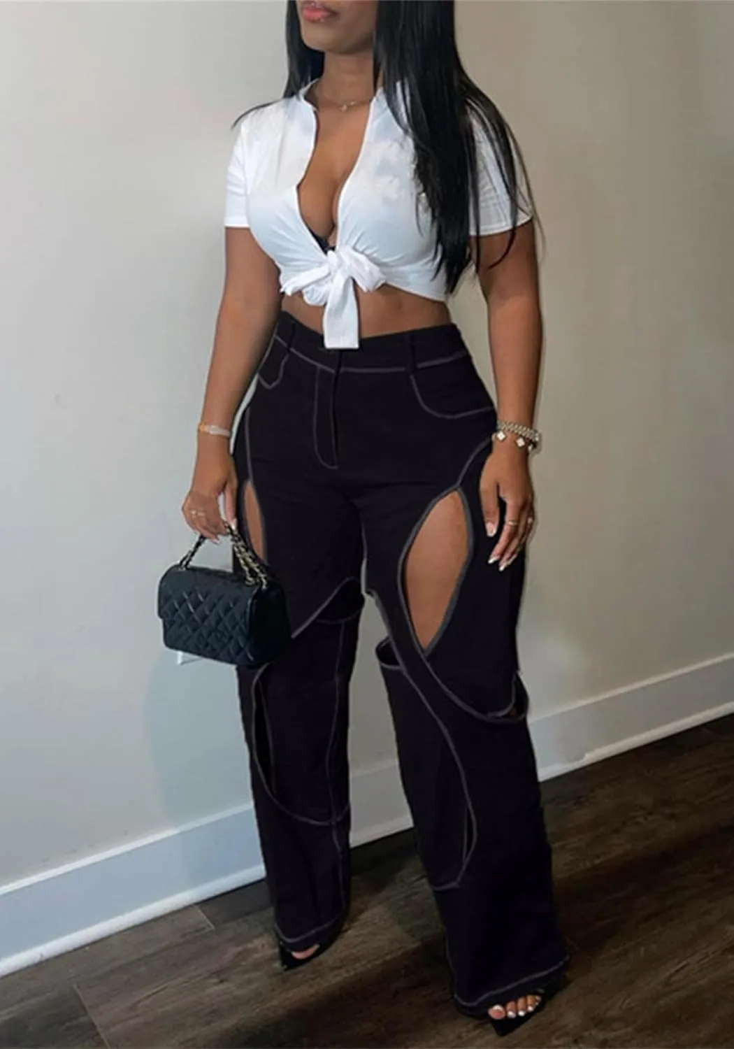 Women's Camo Cargo Pants High Waist Y2K Baggy Cut Out Straight Leg Casual Trousers Streetwear