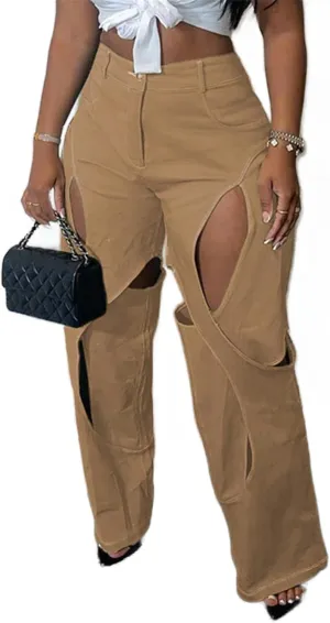 Women's Camo Cargo Pants High Waist Y2K Baggy Cut Out Straight Leg Casual Trousers Streetwear