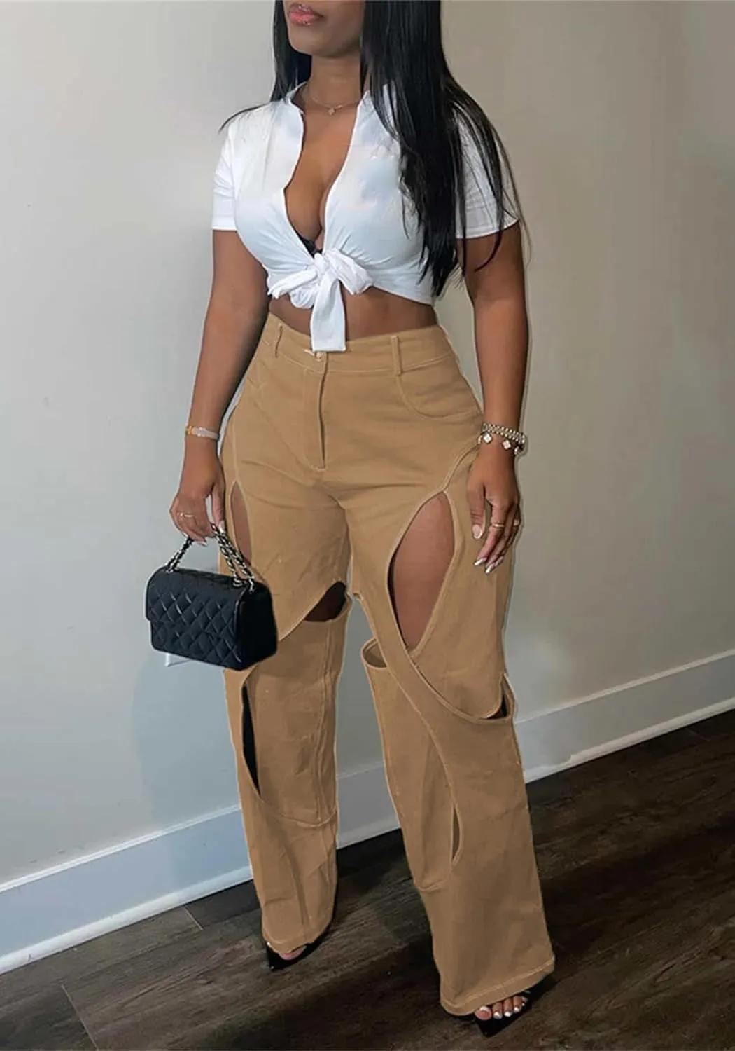 Women's Camo Cargo Pants High Waist Y2K Baggy Cut Out Straight Leg Casual Trousers Streetwear