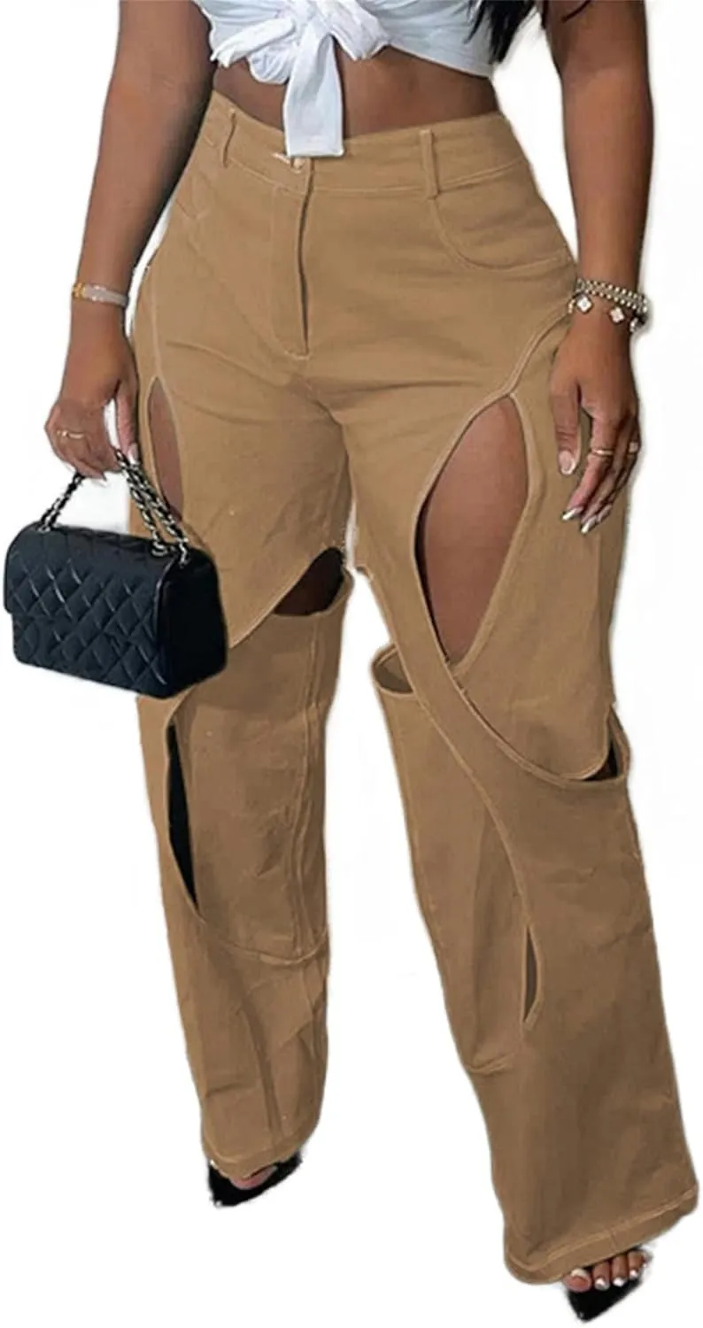 Women's Camo Cargo Pants High Waist Y2K Baggy Cut Out Straight Leg Casual Trousers Streetwear