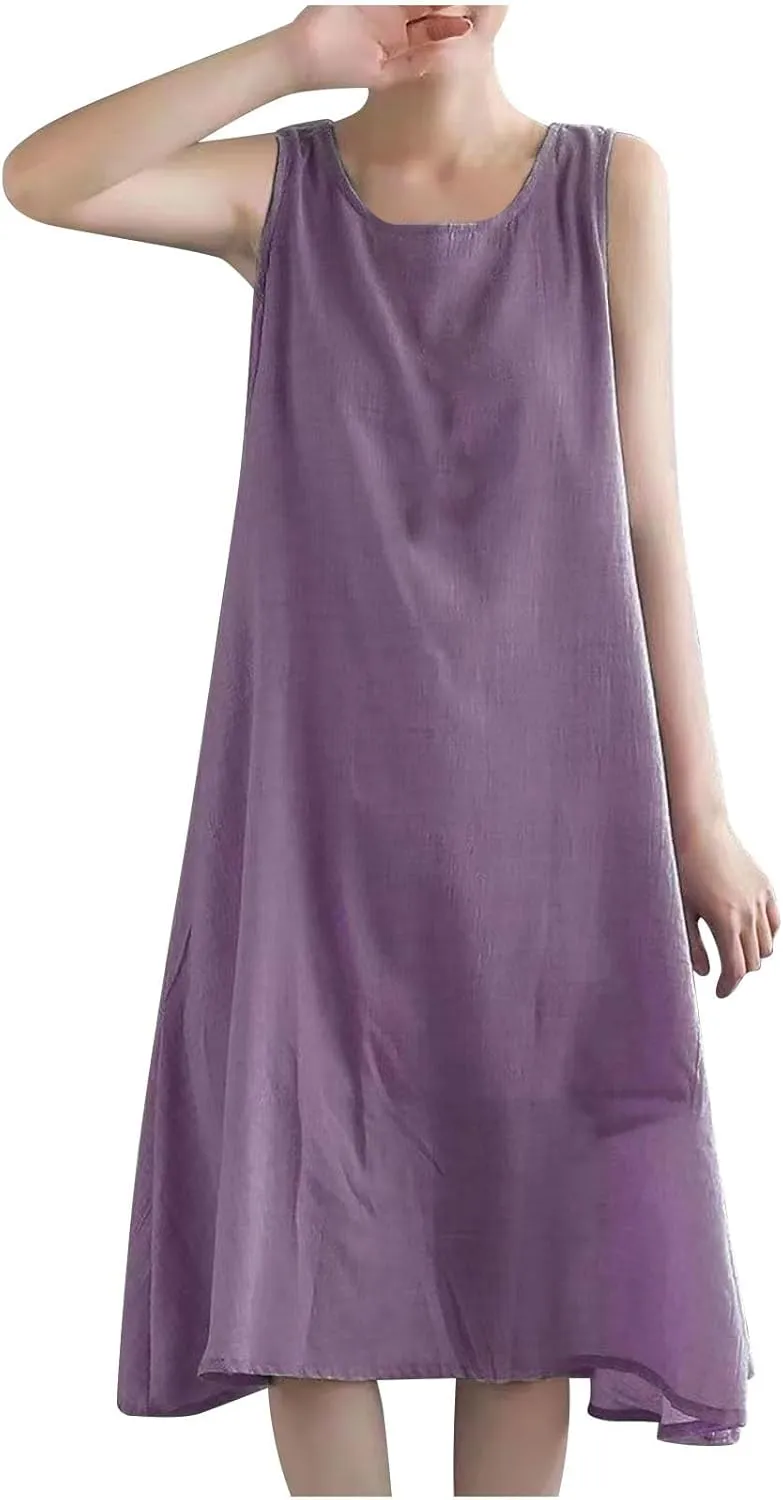 Womens Casual Cotton Linen Sleeveless Midi Dress Plus Size Loose Fit Flowy Tank Tops Dress Summer Beach Long Dresses
