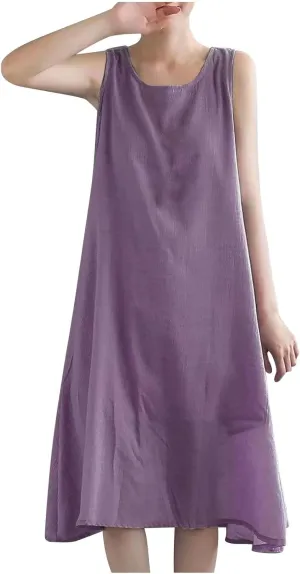 Womens Casual Cotton Linen Sleeveless Midi Dress Plus Size Loose Fit Flowy Tank Tops Dress Summer Beach Long Dresses