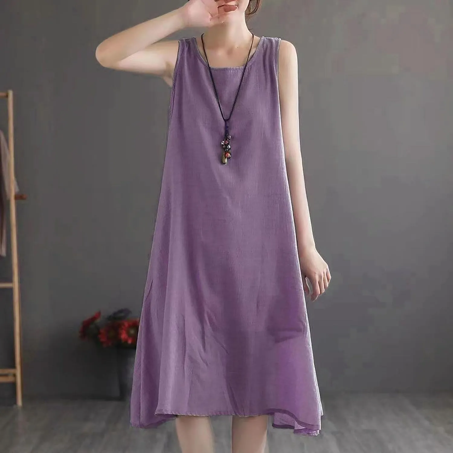Womens Casual Cotton Linen Sleeveless Midi Dress Plus Size Loose Fit Flowy Tank Tops Dress Summer Beach Long Dresses