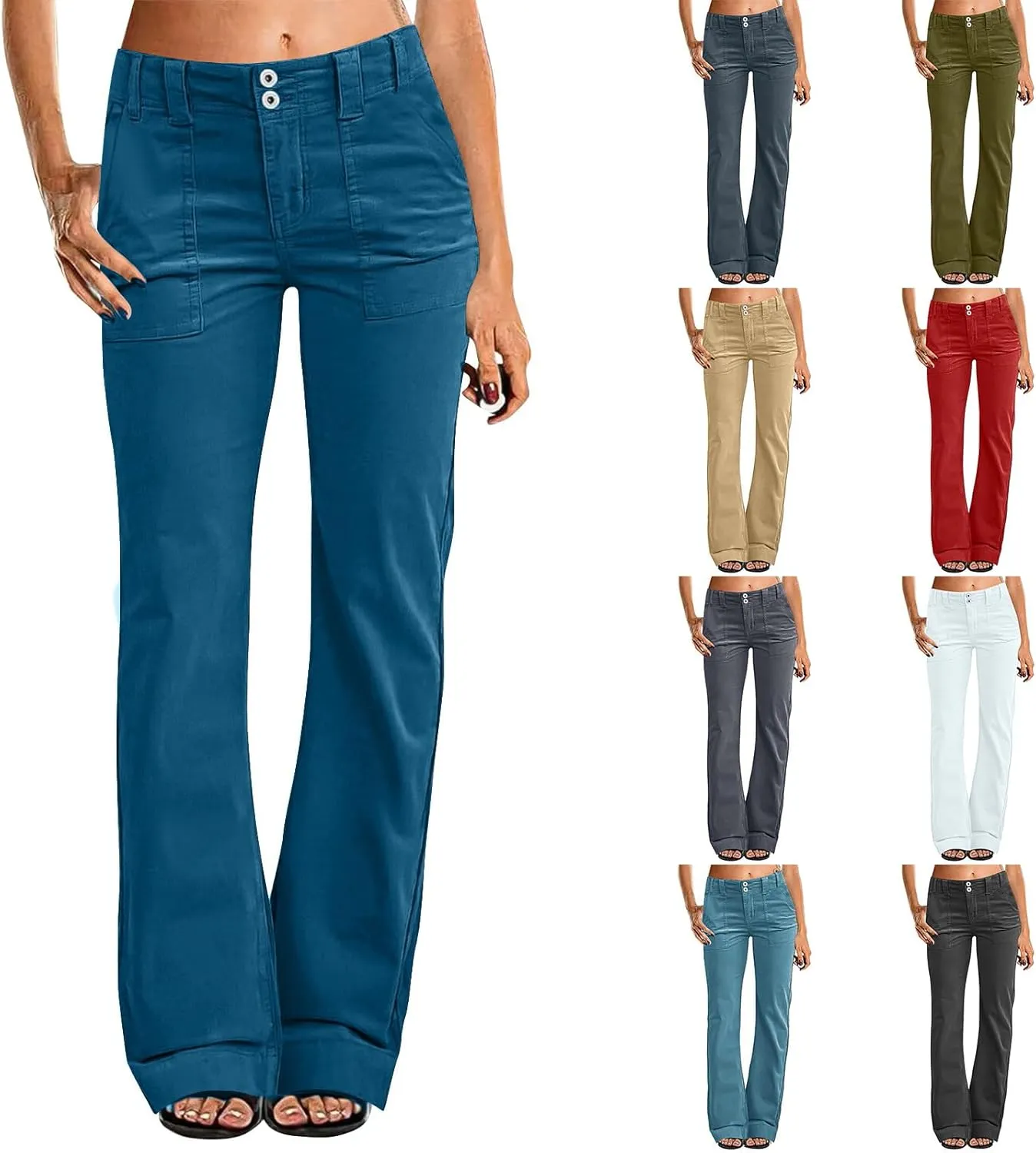 Womens Casual Stretch Twill Pants Classic Straight Fit Chino Pant High Waisted Work Outdoor Flare Pants with Pockets