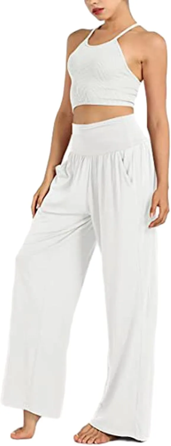 Women's Casual Wide Leg Pants High Waist Elastic Solid Color Long Loose Trousers Summer Spring Pant with Pockets