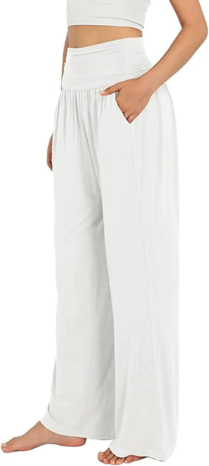 Women's Casual Wide Leg Pants High Waist Elastic Solid Color Long Loose Trousers Summer Spring Pant with Pockets
