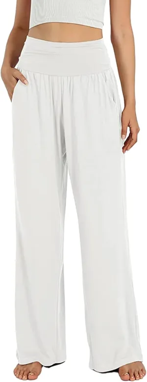 Women's Casual Wide Leg Pants High Waist Elastic Solid Color Long Loose Trousers Summer Spring Pant with Pockets