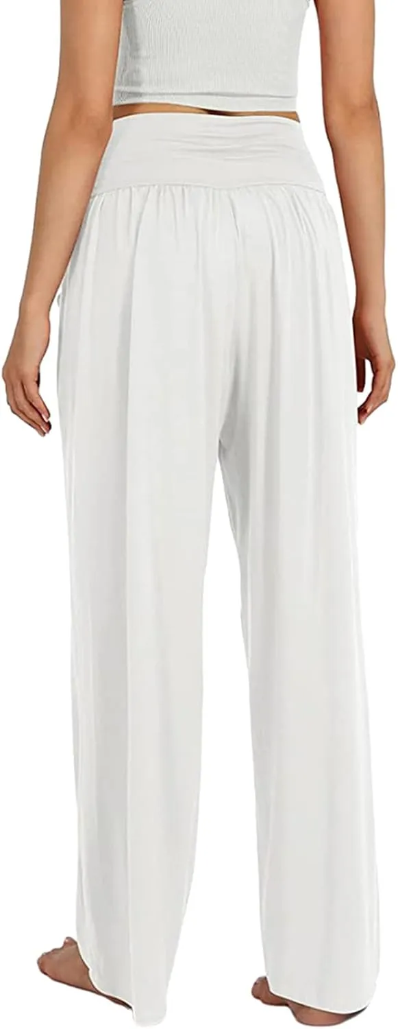 Women's Casual Wide Leg Pants High Waist Elastic Solid Color Long Loose Trousers Summer Spring Pant with Pockets