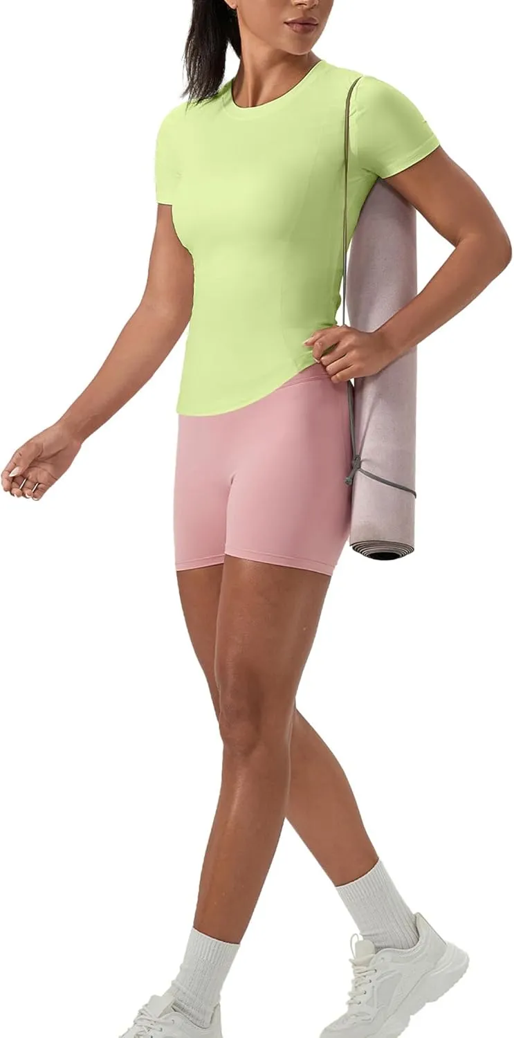 Women's Compression Shirts Short Sleeve Crewneck Athletic Nylon Workout Tops Yoga Gym Quick Dry Tee Shirts