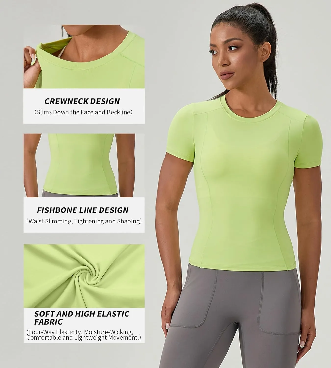 Women's Compression Shirts Short Sleeve Crewneck Athletic Nylon Workout Tops Yoga Gym Quick Dry Tee Shirts