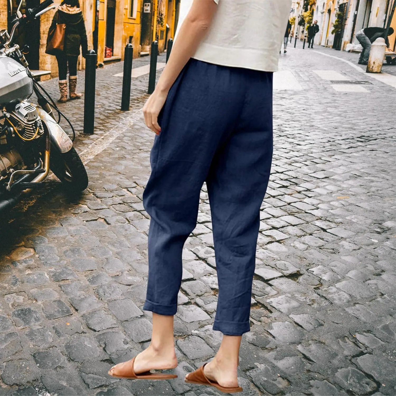 Womens Cotton Linen Capris Pants Plus Size Wide Leg Trousers with Pockets Casual Summer Beach Lounge Pants