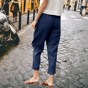 Womens Cotton Linen Capris Pants Plus Size Wide Leg Trousers with Pockets Casual Summer Beach Lounge Pants