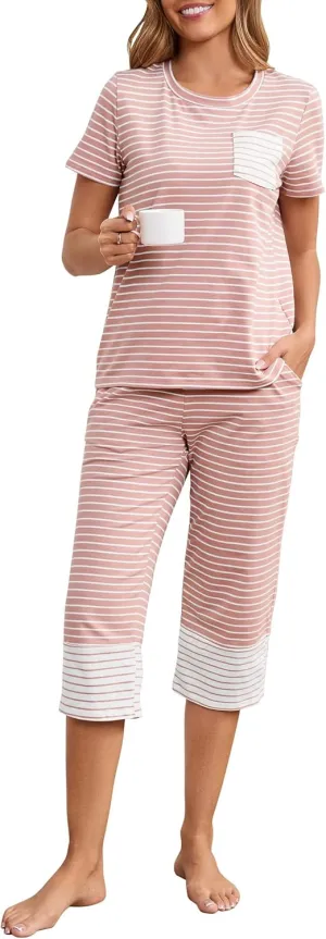 Womens Cotton Pajama Set Stripe 2 Piece Lounge Set Short Sleeve Capri Pj Set Comfy Loungewear Sleepwear with Pockets