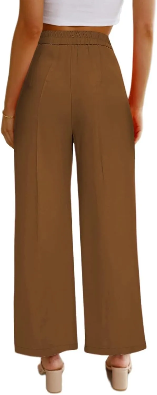 Women's Half-Elastic Waist Dress Pants Wide Leg Cropped Trousers for Business Casual Work