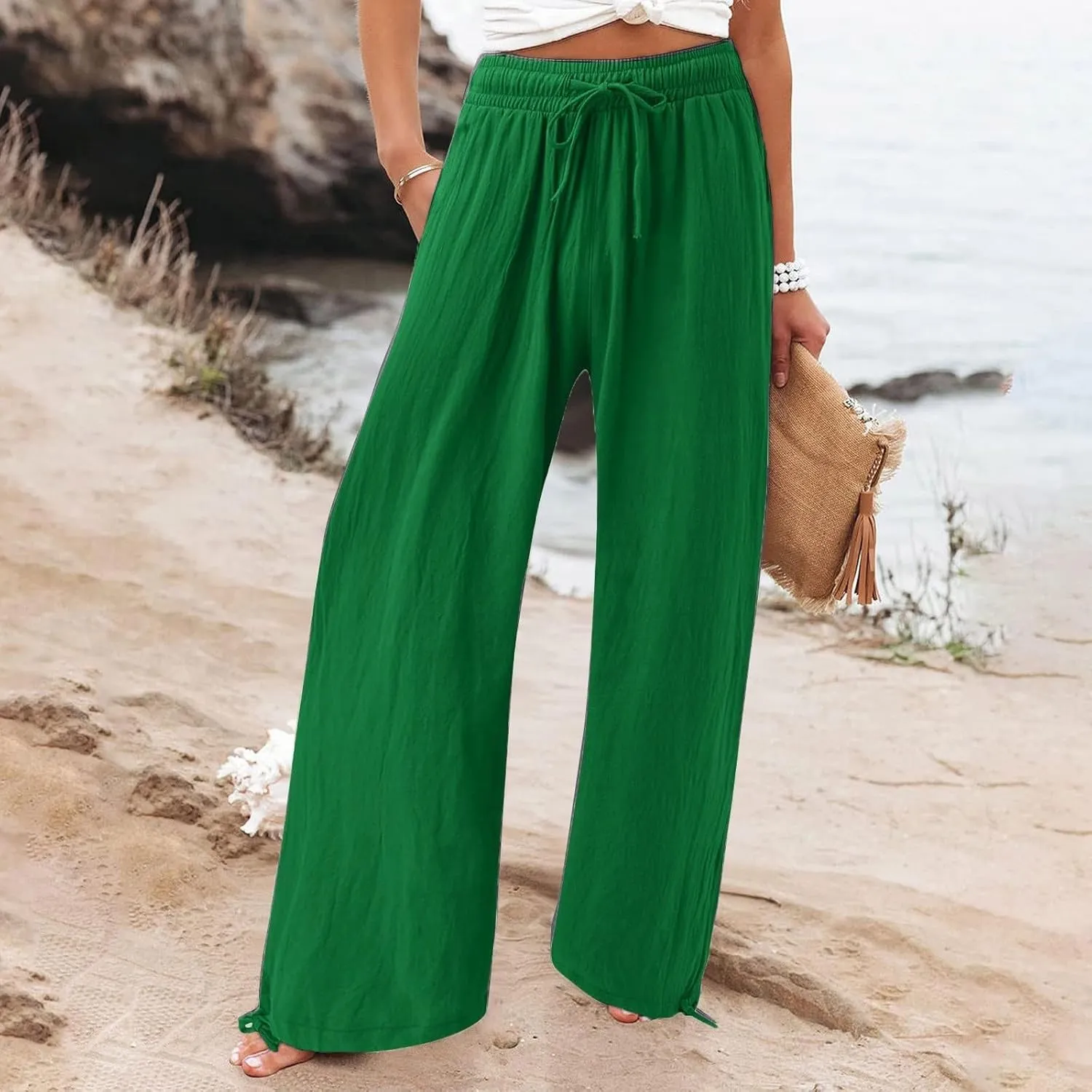 Women's Hiking Pants with Pockets Drawstring Elastic Casual High Waist Straight Wide Leg Trouser for Women 2025